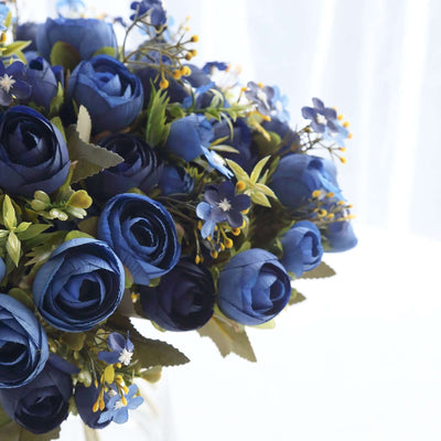 4 Pack 12" Artificial Navy Blue Ranunculus Silk Flower Bridal Bouquets, Faux Buttercup Floral Arrangement