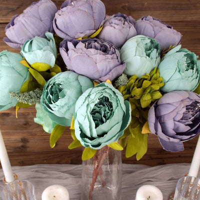 2 Pack 19" Dusty Blue Artificial Peony Flower Wedding Bouquets, Faux Silk Flower Arrangements