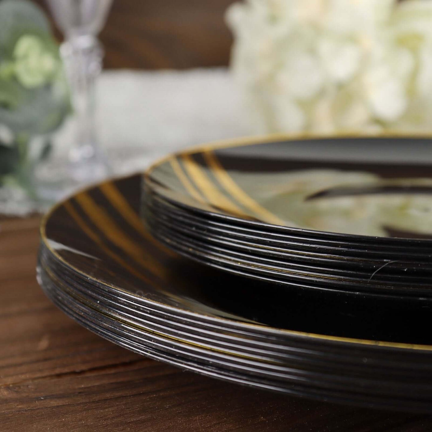 10-Pack Plastic 7" Round Dessert Plates in Black with Gold Brush Stroked Print - Disposable Appetizer Salad Plates for Modern Themed Events & Banquets