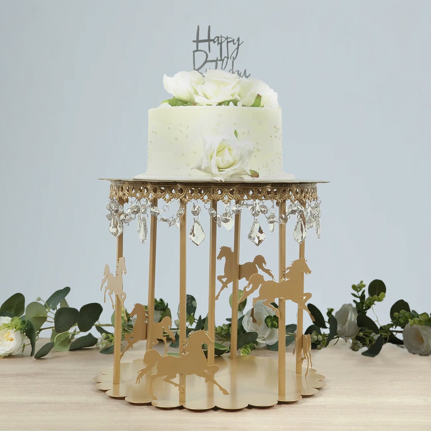 Metal Round Pedestal Cake Stand Gold Carousel Design with Hanging Acrylic Beads for Cupcakes & Pastries 14"