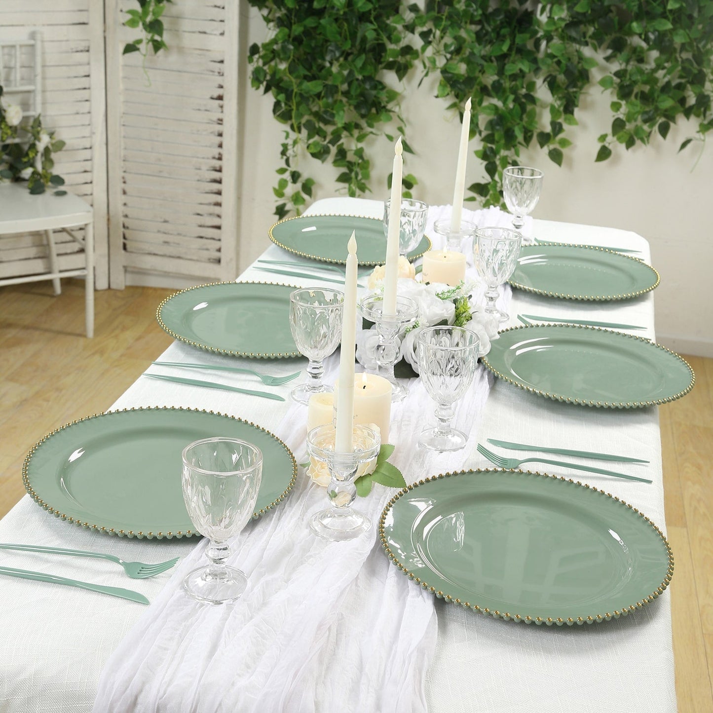 10-Pack Economy Round Plastic Charger Plates 13" in Dusty Sage Green with Gold Beaded Rim, Stylish Dinner Party Serving Plates