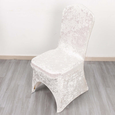 Crushed Velvet Spandex Banquet Chair Cover Fitted Slipcover White - Stretch 190GSM Slipcover with Foot Pockets for Weddings & Events