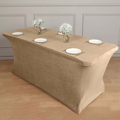 Velvet Spandex 6ft Rectangle Tablecloth Champagne - Fitted Wrinkle-Free Design for 72"x30" Tables
