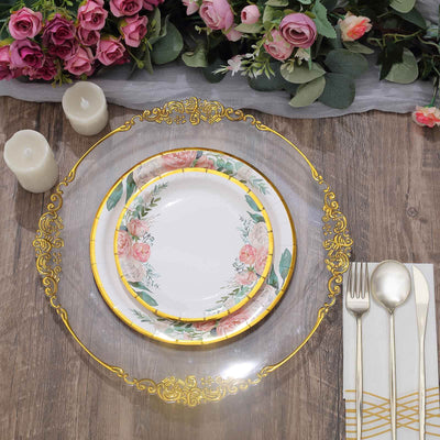 25-Pack Paper 9" Round Dinner Plates White with Peony Floral Design & Gold Rim - Disposable Floral Party Plates for Brunches & Afternoon Teas