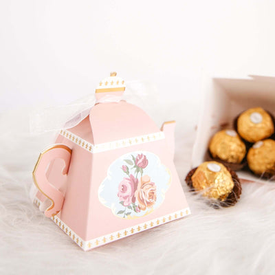 25 Pack 4" Dusty Rose Mini Teapot Favor Boxes, Vintage Rose Gift Boxes with Ribbons