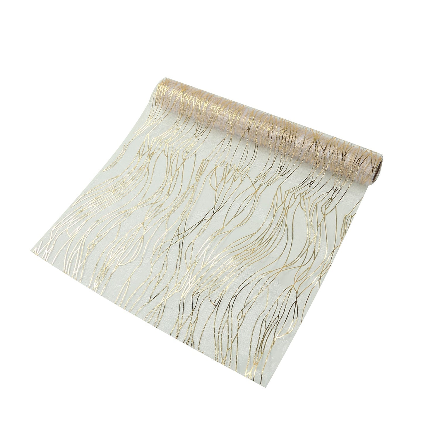 5 Pack Organza 12"x108" Table Runners White with Gold Foil Wave Design - Disposable Stylish Event Decoration