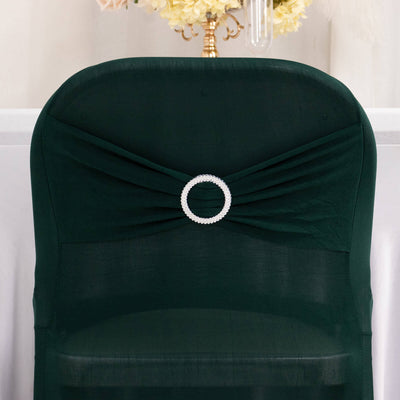 Stretch Spandex Chair Cover Hunter Emerald Green for Folding Chairs - Secure Fit Slipcover with Silver Rhinestone Buckled Sash Band