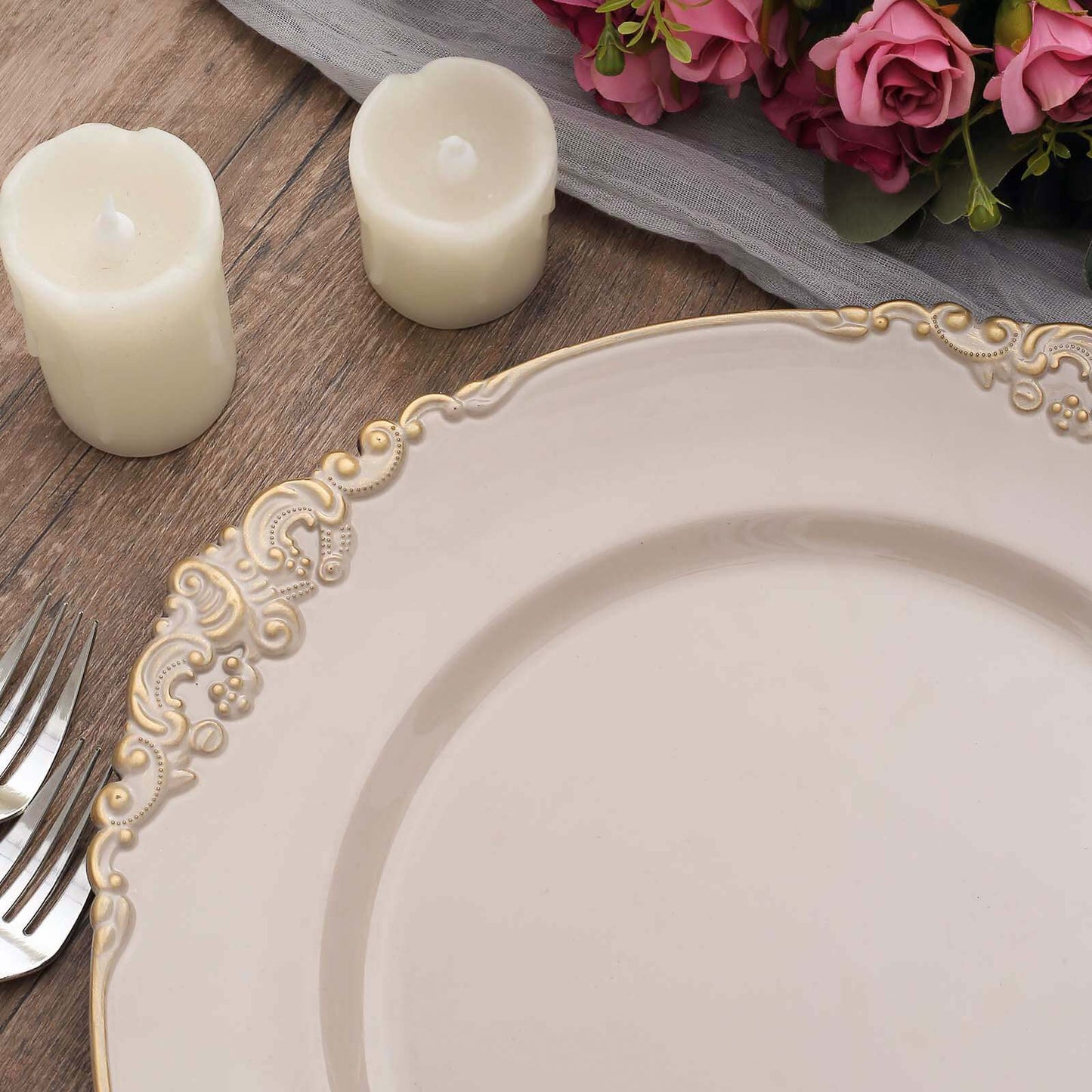 6-Pack Acrylic Round Charger Plates 13" in Nude Taupe with Gold Embossed Baroque Rim, Antique Decorative Dinner Party Charger Tableware