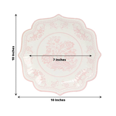 25-Pack Paper Dinner Plates in White Pink Damask Floral Pattern & Scallop Rim - Stylish Disposable 300GSM Floral Party Plates 10"