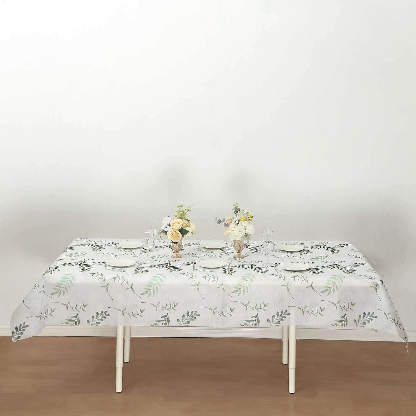 Non-Woven Tablecloth Rectangle White/Green with Olive Leaves Print - Perfect Disposable Table Cover for Summer 60"x102"
