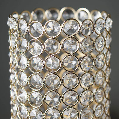 Full Crystal Beaded Candle Holder Shiny Gold Metal - Stylish Pillar Stand for Weddings 16" - Linen Luxes