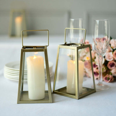 2-Pack Metal Candle Lanterns Trapezoid Geometric Design Gold - Hanging Terrariums Table Centerpieces for Indoor/Outdoor 6"