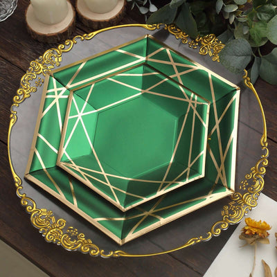 25-Pack Paper 9" Hexagon Dinner Plates in Hunter Emerald Green with Gold Geometric Lines & Rim - Stylish Disposable Geometric 300GSM Party Plates