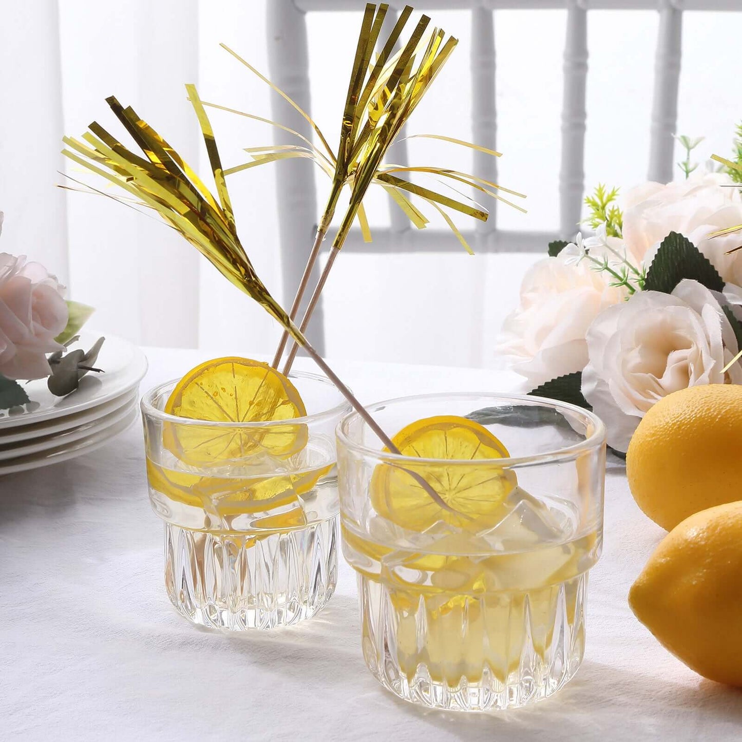 100-Pack Bamboo Cocktail Sticks Firework Cupcake Toppers Gold - Festive Foil Frills Food Picks 9"