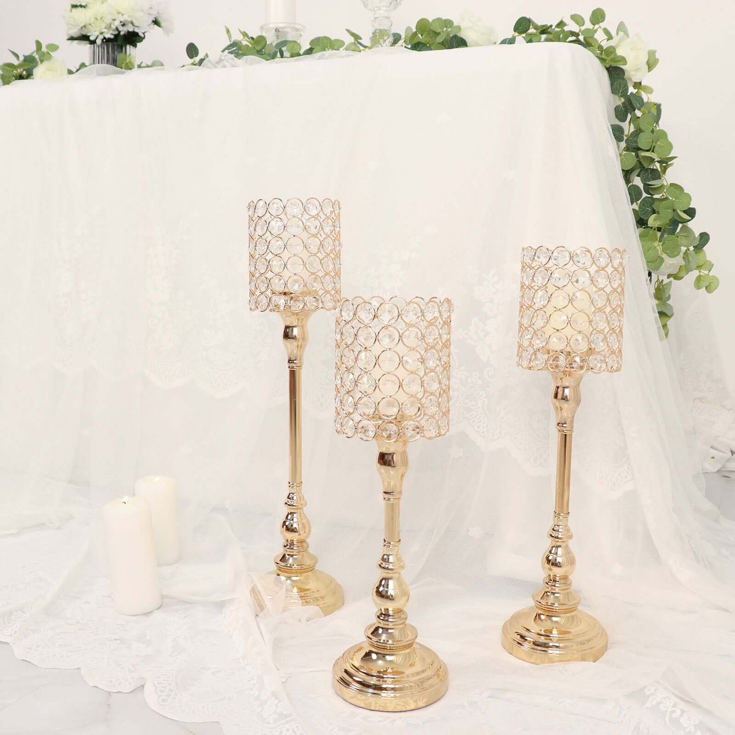 Set of 3 Crystal Beaded Goblet Votive Candle Holder Stands Gold - Tea Light Centerpiece 18", 16", 14"