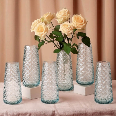 6-Pack Glass Urn Vases Clear with Diamond Crystal Cut Pattern - Stylish Decorative Design for Event Decor 8.5"