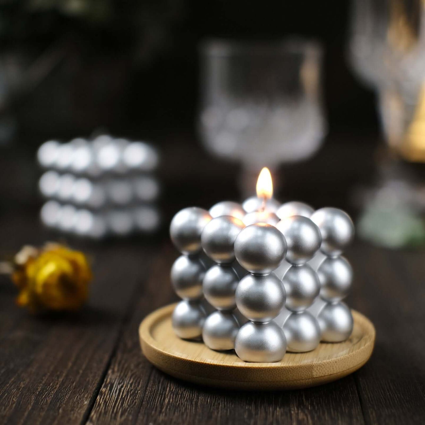 2-Pack Decorative Paraffin Wax Candles Bubble Cube Design Metallic Silver - Unscented Long Burning Pillar Candle Set 2"