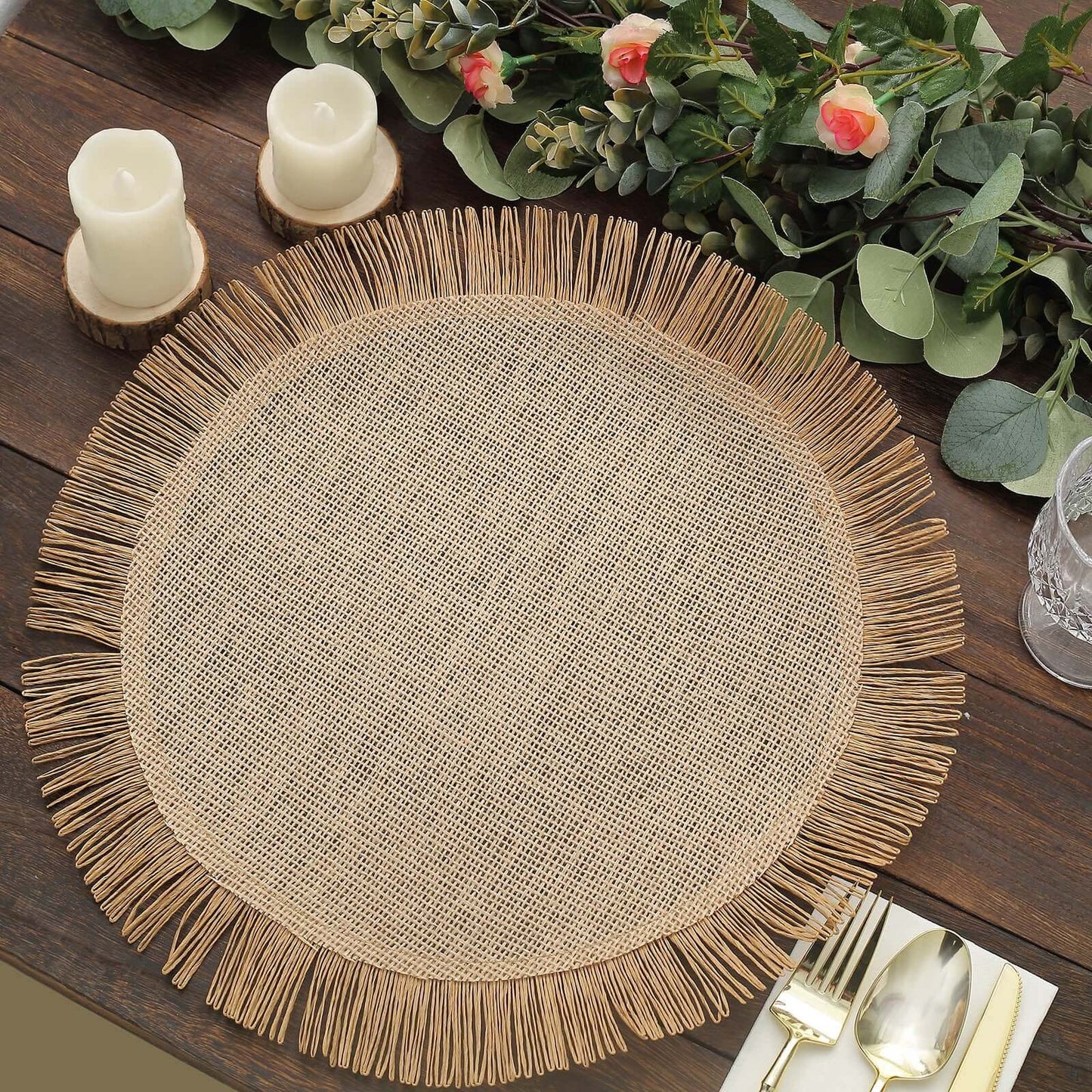 4-Pack Placemats Fringe Edge Design Natural Jute Round - Rustic Boho Chic Burlap Table Decor 16"
