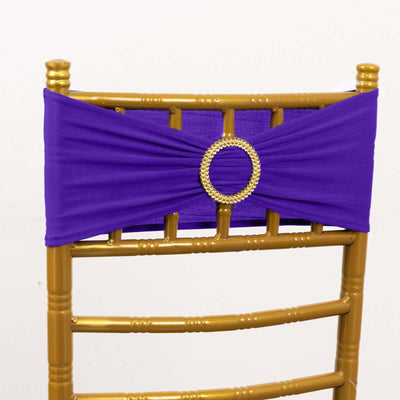 5 Pack Spandex Chair Sashes Purple with Gold Rhinestone Buckles - Reusable Four-Way Stretch Sash Bands 5"x14"