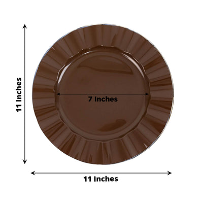 10-Pack Plastic 11" Round Dinner Plates in Cinnamon Brown Ruffled Rim with Gold Edging - Sturdy Disposable Dinnerware