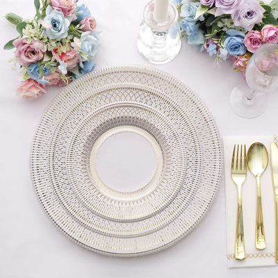 25-Pack Paper 8" Round Dessert Plates in White with Gold Vintage Porcelain Style Rim - Disposable 300GSM Salad Appetizer Plates