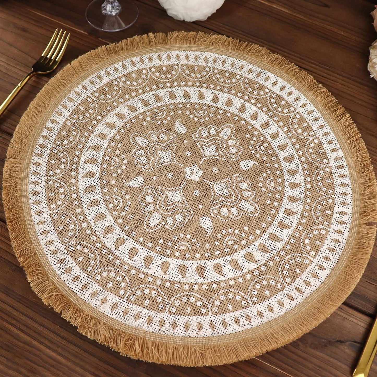 4-Pack Placemats Fringe Print Design Natural Jute and White Round - Rustic Burlap Woven Style 15"