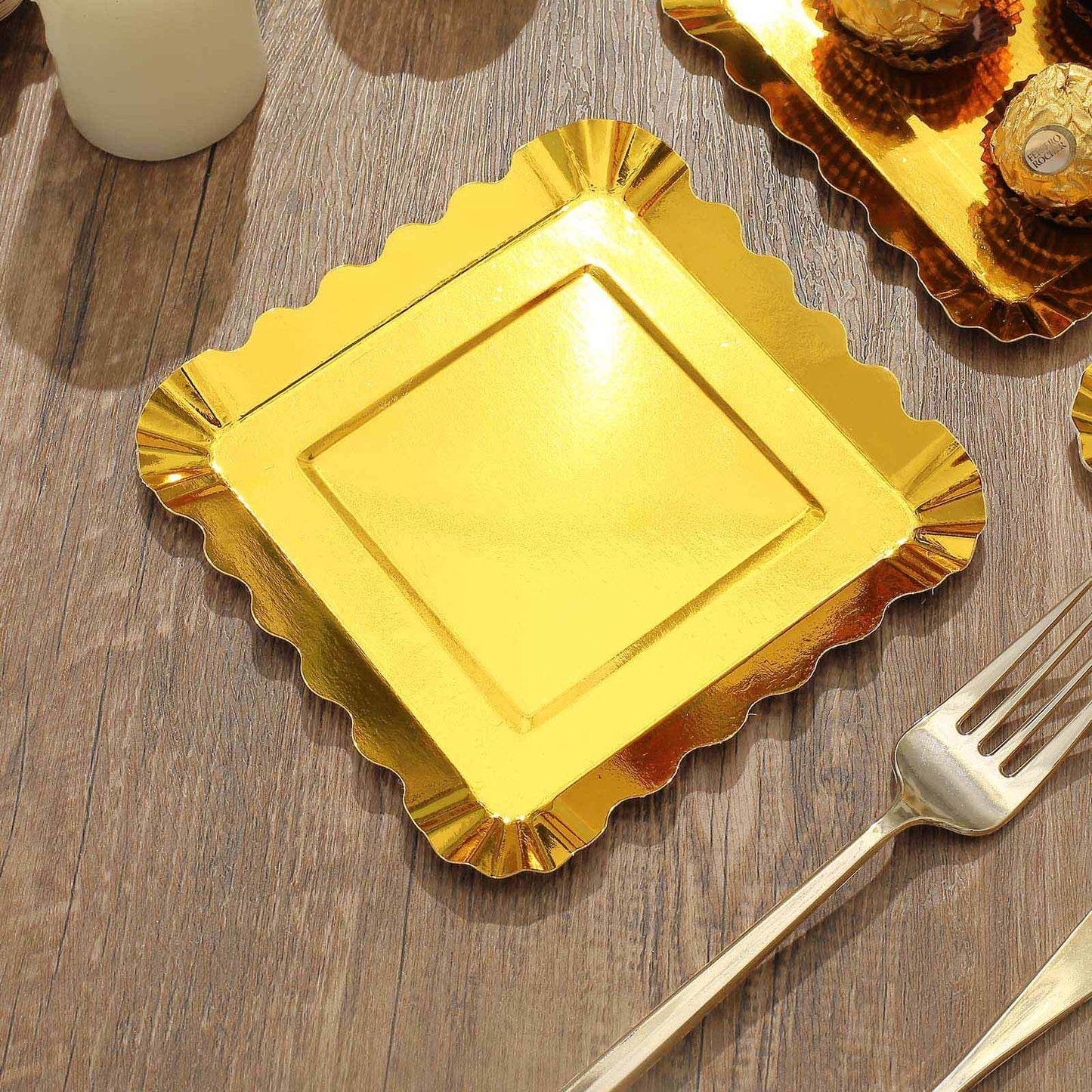 50-Pack Paper 5" Square Dessert Plates in Gold Foil with Scalloped Rim - Disposable Appetizer Plates for for Glam Gatherings & Special Occasions