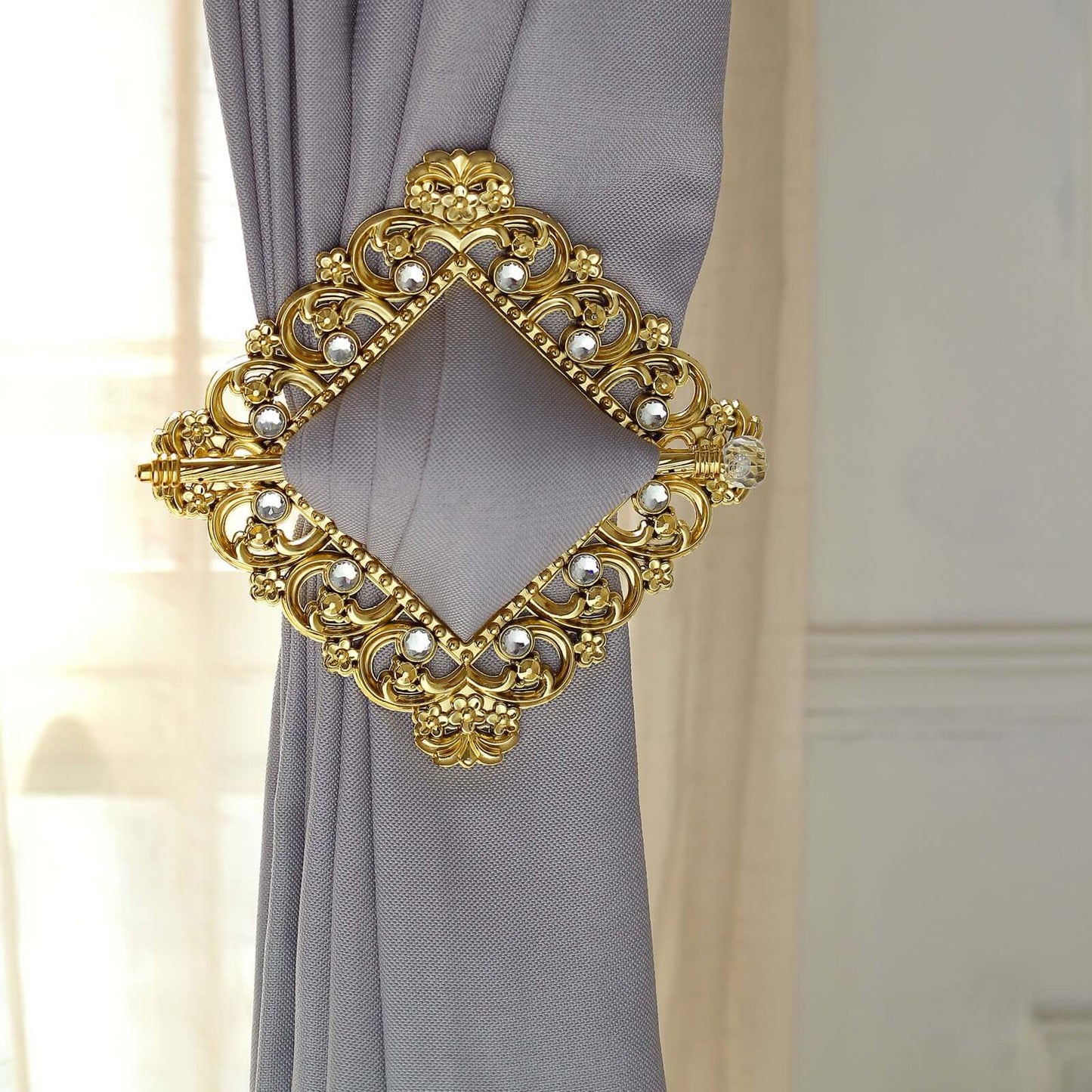 Set of 2 7" Gold Barrette Style Diamond Backdrop Drapery Holdbacks, Square Acrylic Crystal Curtain Brooch Tie Backs