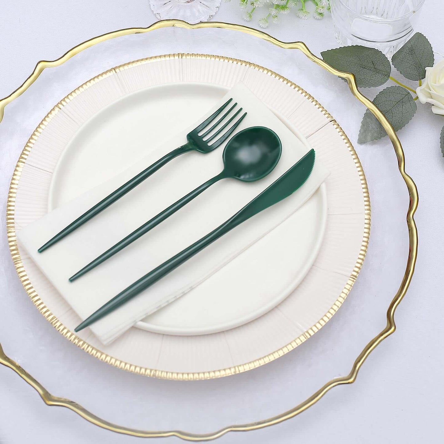 50-Pack Plastic Utensil Set Hunter Emerald Green - Premium Disposable Heavy Duty Sleek Flatware