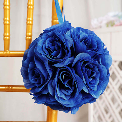 2 Pack 7" Royal Blue Artificial Silk Rose Kissing Ball, Faux Flower Ball