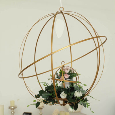Hanging Sphere Candle Holder Gold Wrought Iron Wedding Decorative Ball - Centerpiece 18" - Linen Luxes