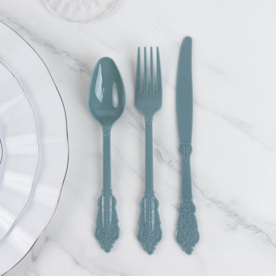 72 Pcs Plastic Silverware Set in Baroque Style Dusty Blue - Heavy Duty Disposable Knife, Fork, and Spoon Set