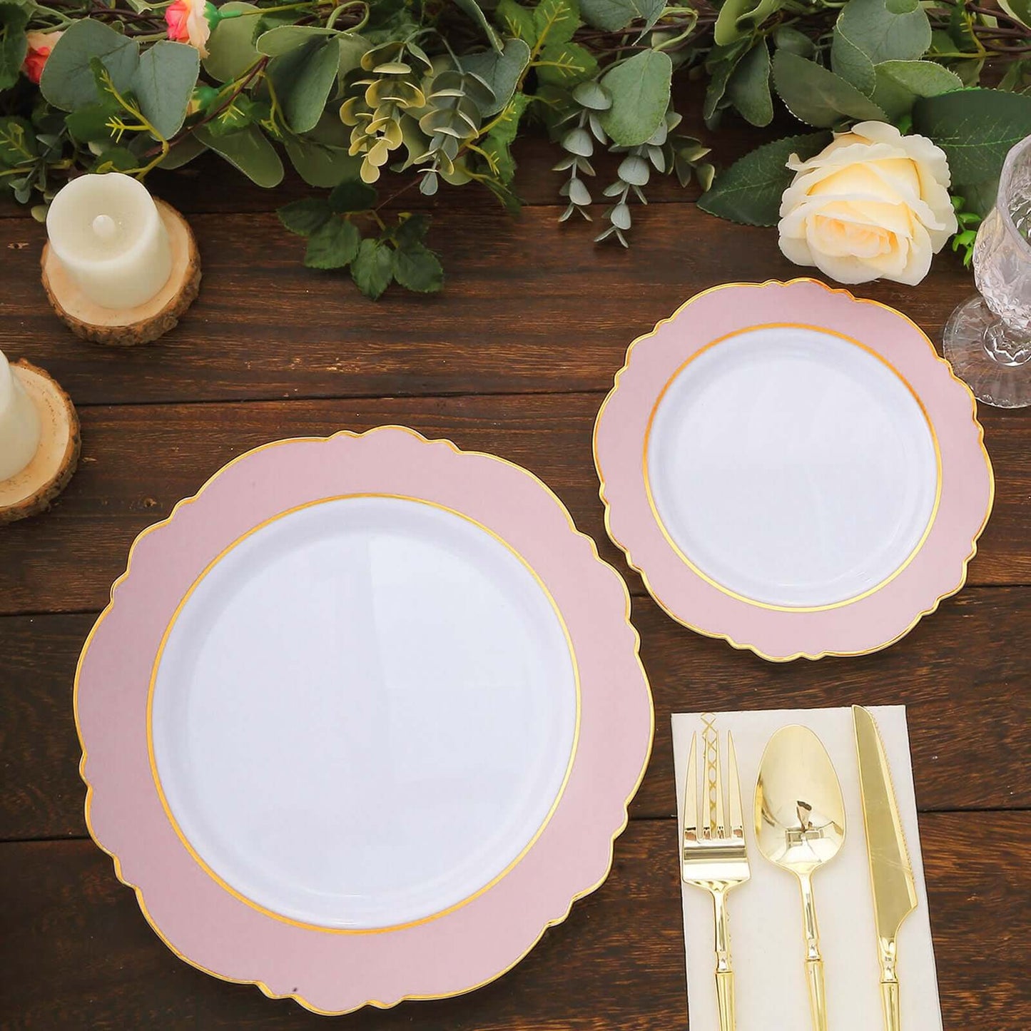 10-Pack Plastic 8" Round Dessert Plates in White with Blush Blossom Design & Gold Edging - Disposable Salad Appetizer Plates