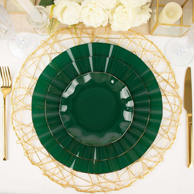 10-Pack Plastic Round 6" Dessert Plates in Hunter Emerald Green Ruffled Rim with Gold Edging - Sturdy Disposable Salad Appetizer Dinnerware