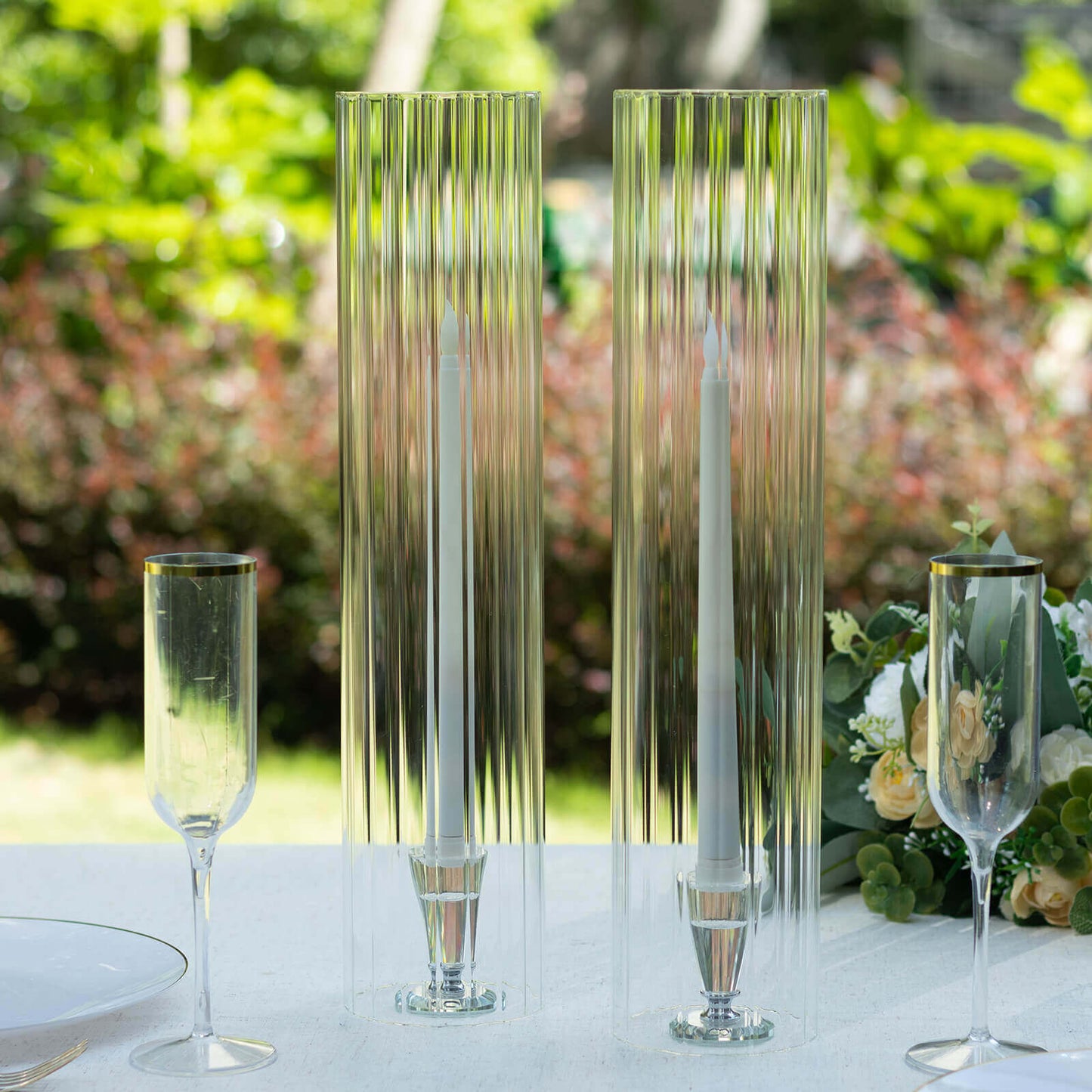 2-Pack Clear Ribbed Glass Hurricane Shades Open End Design - Stylish Candelabra Pillar Candle Holder Table Centerpiece 18"