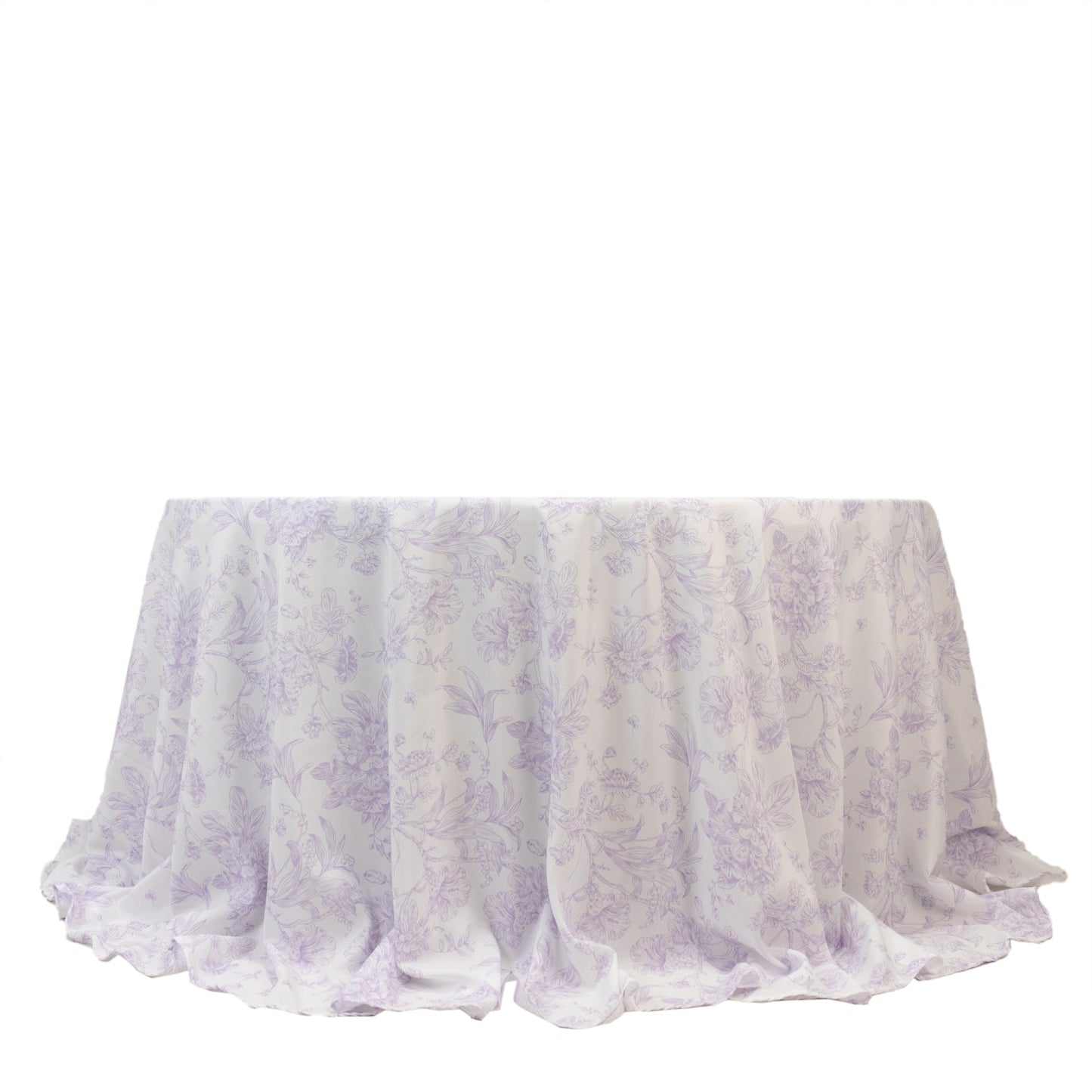 Polyester 132" Round Tablecloth White - Lavender Lilac French Toile Pattern for Chic Weddings