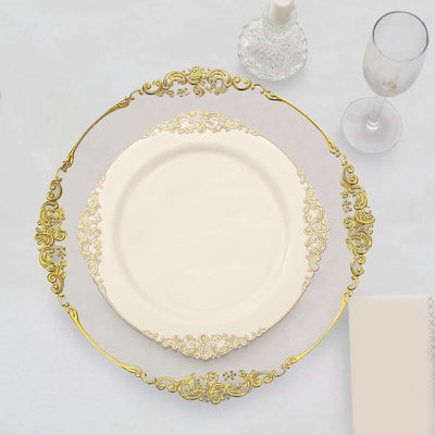 10-Pack Plastic 10" Round Dinner Plates in Ivory with Gold Leaf Embossed Rim - Disposable Vintage Baroque Style Plates