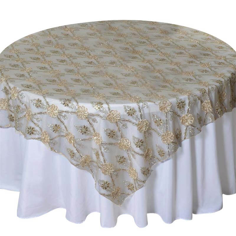 Lace 72"x72" Table Overlay Square Tablecloth Champagne - Satin Sequin Floral Embroidered Design for Special Events - Linen Luxes