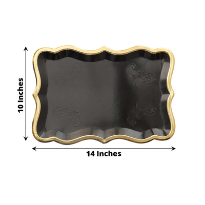 10-Pack Paper 14"x10" Rectangle Serving Trays Black - Heavy Duty Disposable 400GSM Cardboard Party Platters with Exquisite Gold Rim for Weddings & Parties