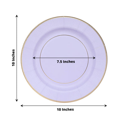 25-Pack Paper 10" Round Dinner Plates in Lavender Lilac Sunray Design with Gold Rim - Disposable Heavy Duty 350GSM Party Plates