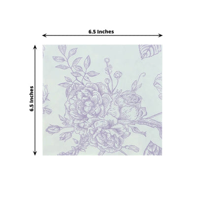 50 Pack 2-Ply Paper Beverage Napkins in Matte Lavender and White French Toile Floral Pattern, Highly Absorbent Soft Disposable Cocktail Napkins