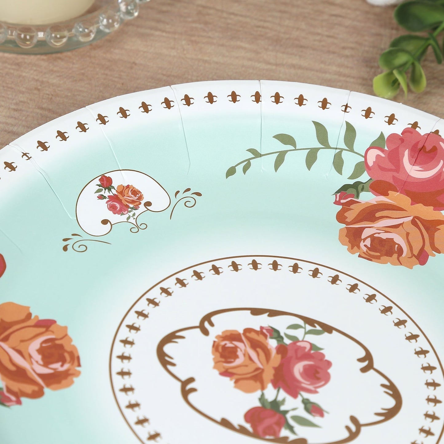 25-Pack Paper 9" Round Dinner Plates in Light Turquoise with Vintage Rose Flower Print