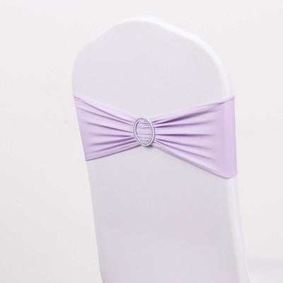5 Pack Stretch Spandex Chair Sashes Lavender Lilac - Reusable Chair Bands with Silver Diamond Ring Slide Buckle 5"x14"