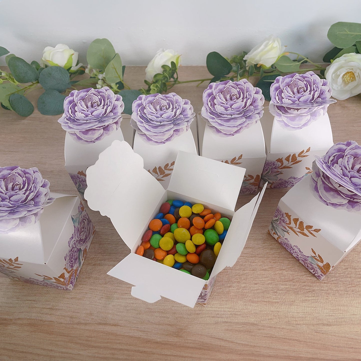 25 Pack Lavender Peony Floral Top Candy Gift Boxes, Lilac Cardstock Paper Party Favor Boxes - 3"x3"x5"