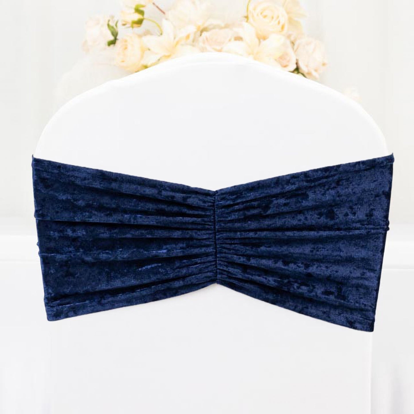 5 Pack Crushed Velvet Chair Bands Navy Blue Wide Ruffle Style - Textured Chair Sashes for Stunning Event Decor - 8"x15"
