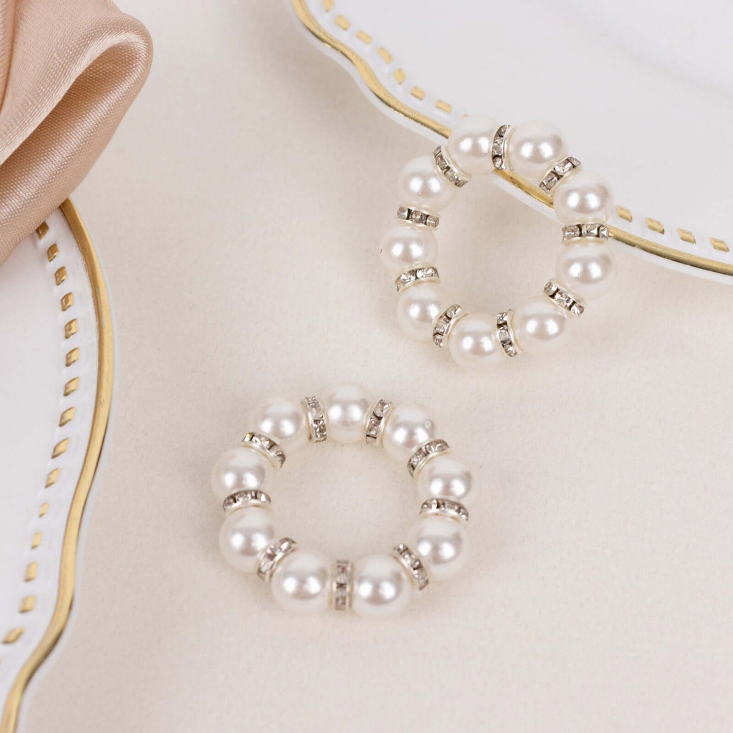 4 Pack 1.5" White Pearl Beads and Silver Rhinestone Napkin Rings, Elegant Round Serviette Buckle Napkin Holders