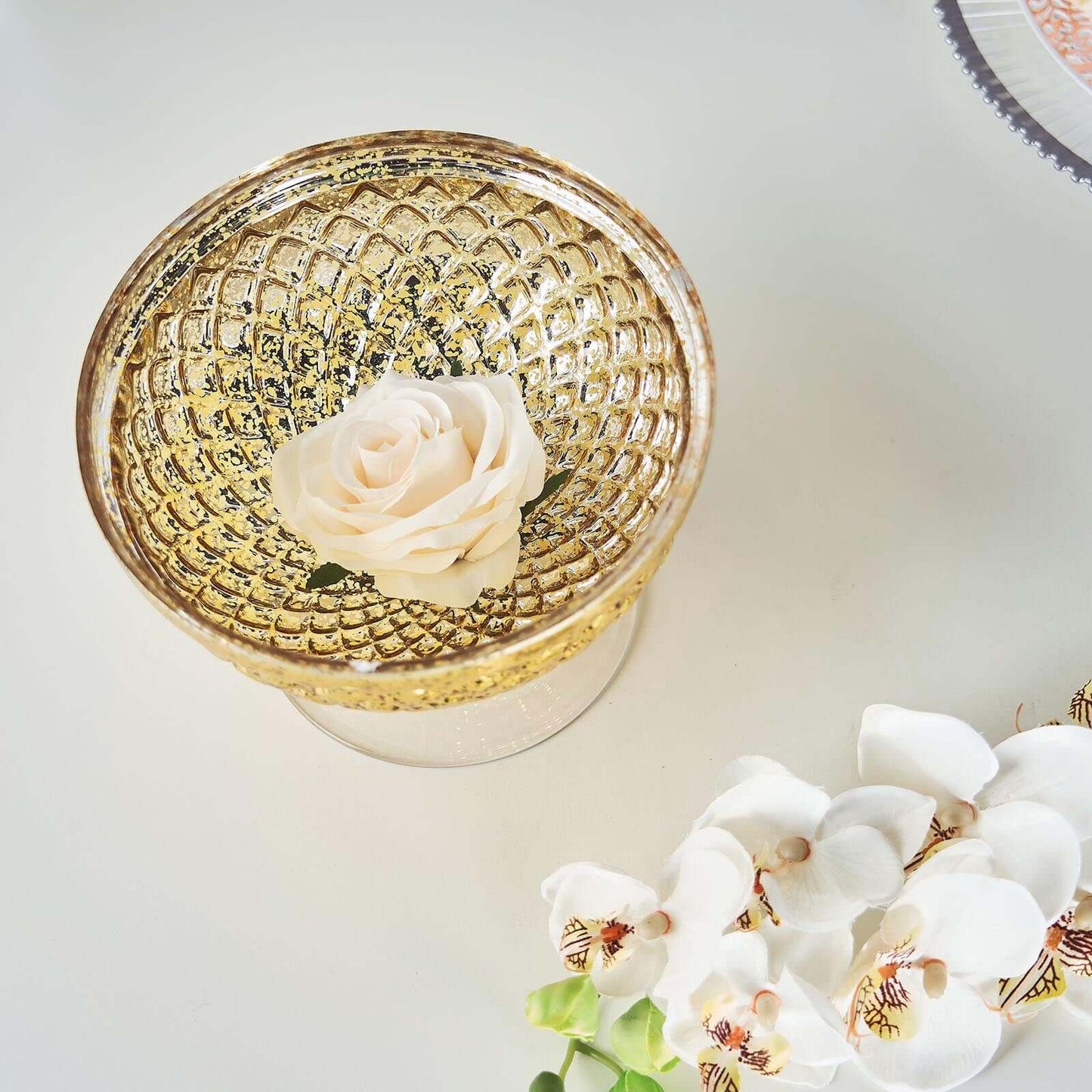 Mercury Glass Pedestal Bowl Vase Compote Style Gold - Sophisticated Floral Table Decor for Events 8" - Linen Luxes