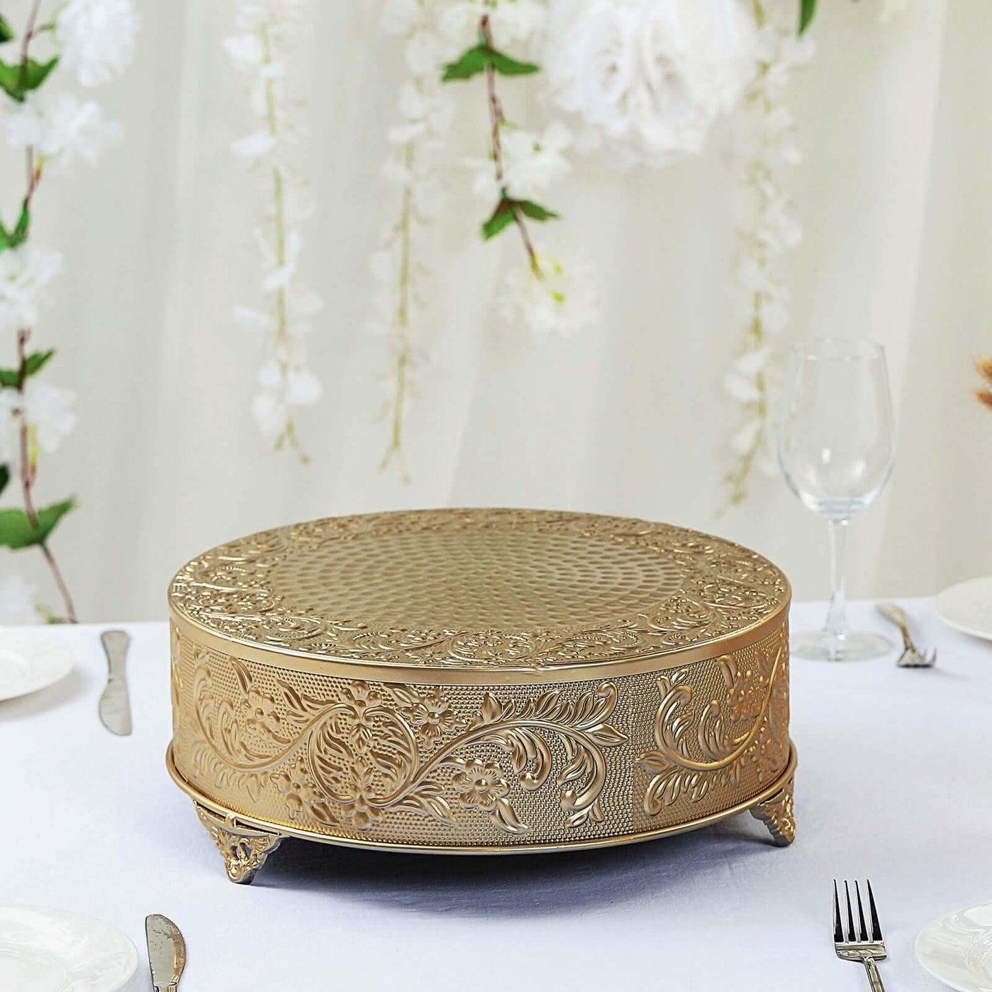 Metal 14" Round Cake Pedestal Stand Matte Gold - Cupcake Dessert Display Riser with Intricate Embossed Design for Upscale Events & Gatherings - Linen Luxes