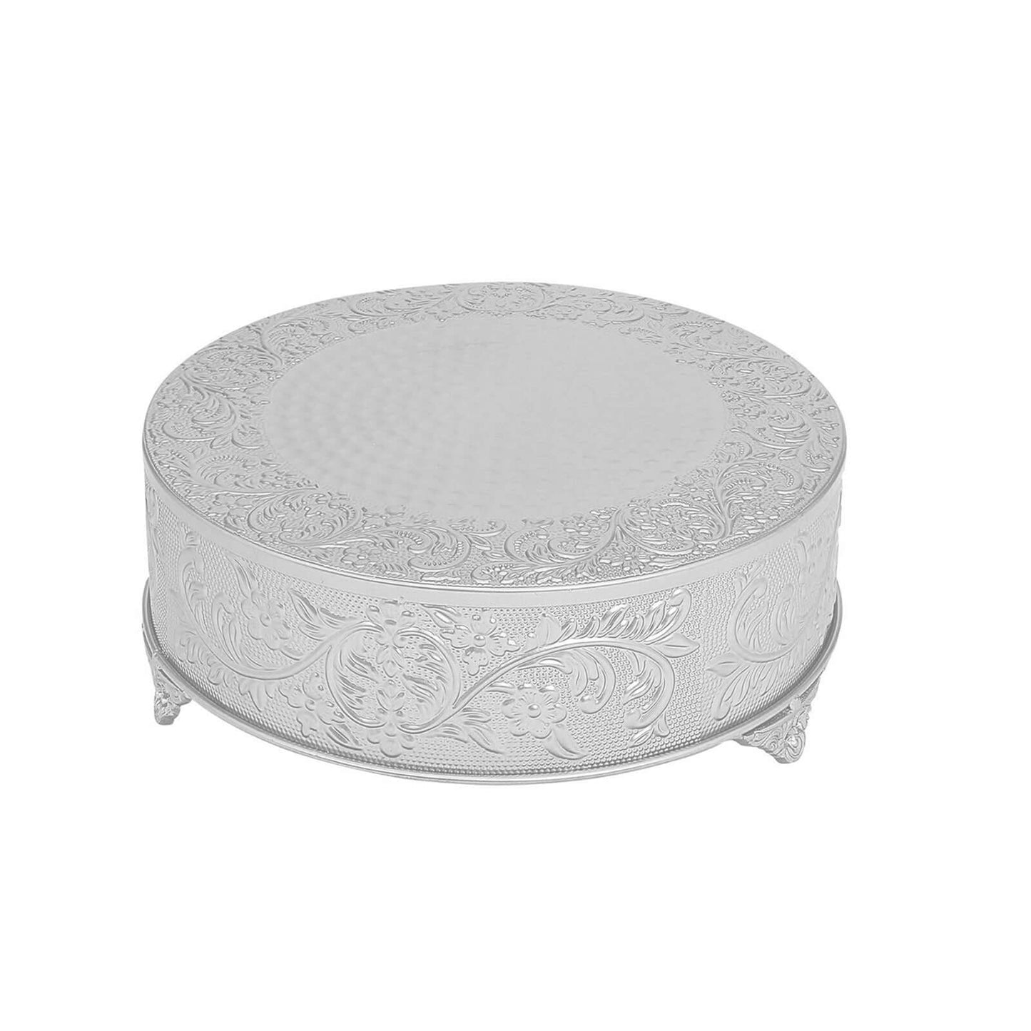 Metal 18" Round Cake Pedestal Stand Matte Silver - Cupcake Dessert Display Riser with Intricate Embossed Design for Upscale Events & Gatherings - Linen Luxes