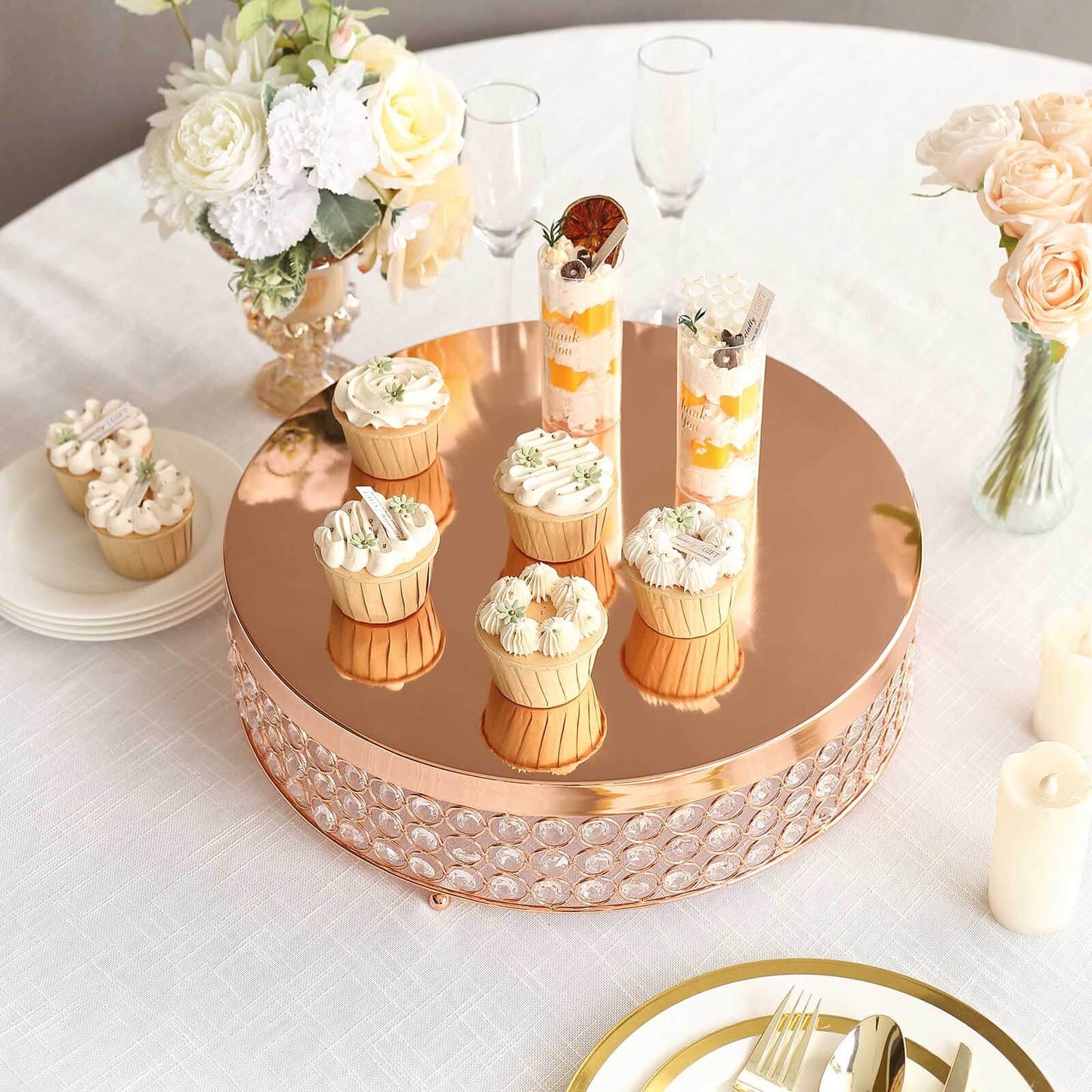 Metal Cake Stand Pedestal Crystal Beaded Design Rose Gold - Cupcake Display and Dessert Riser 16" - Linen Luxes